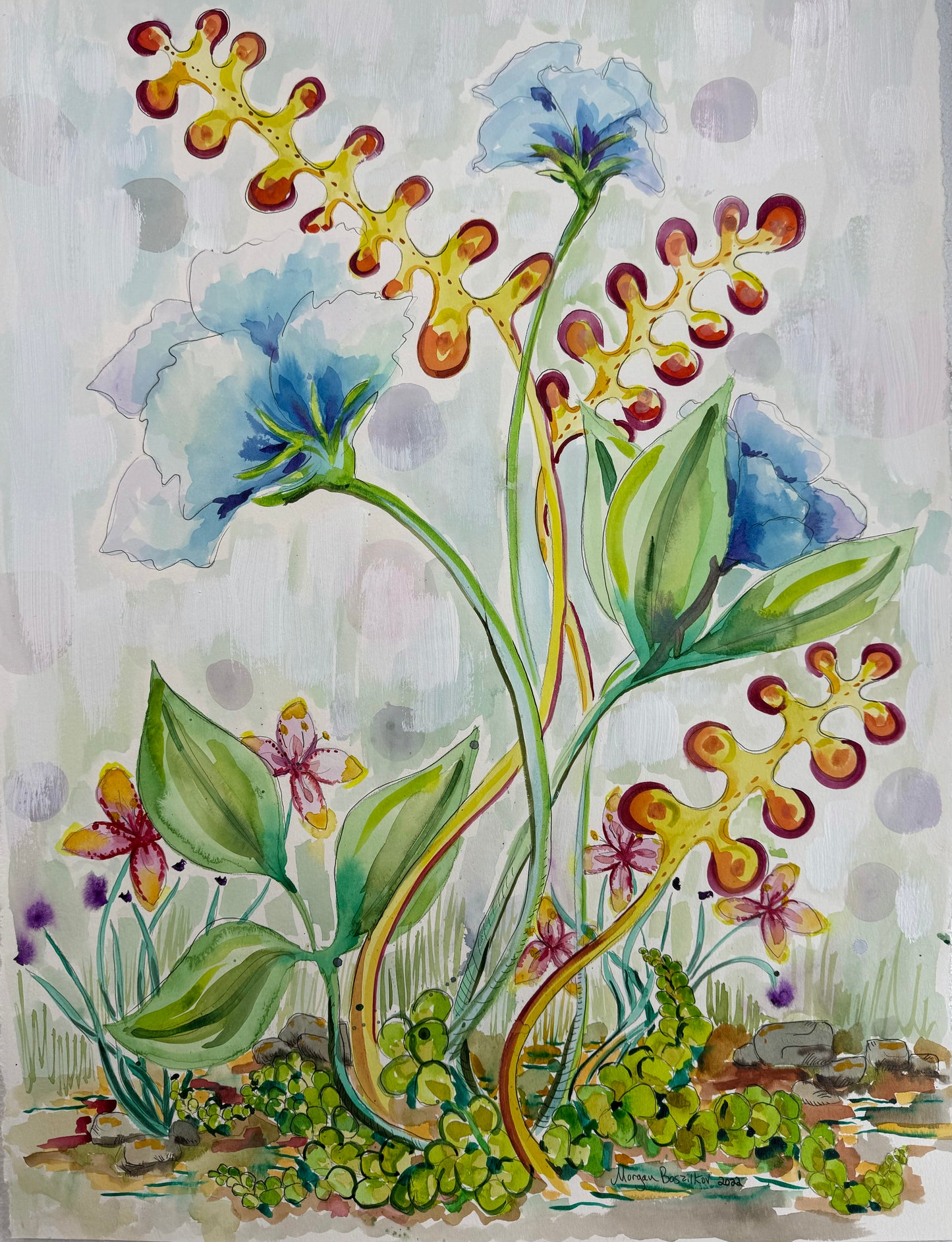 Ground Bouquet Watercolor with Large Blue Flowers