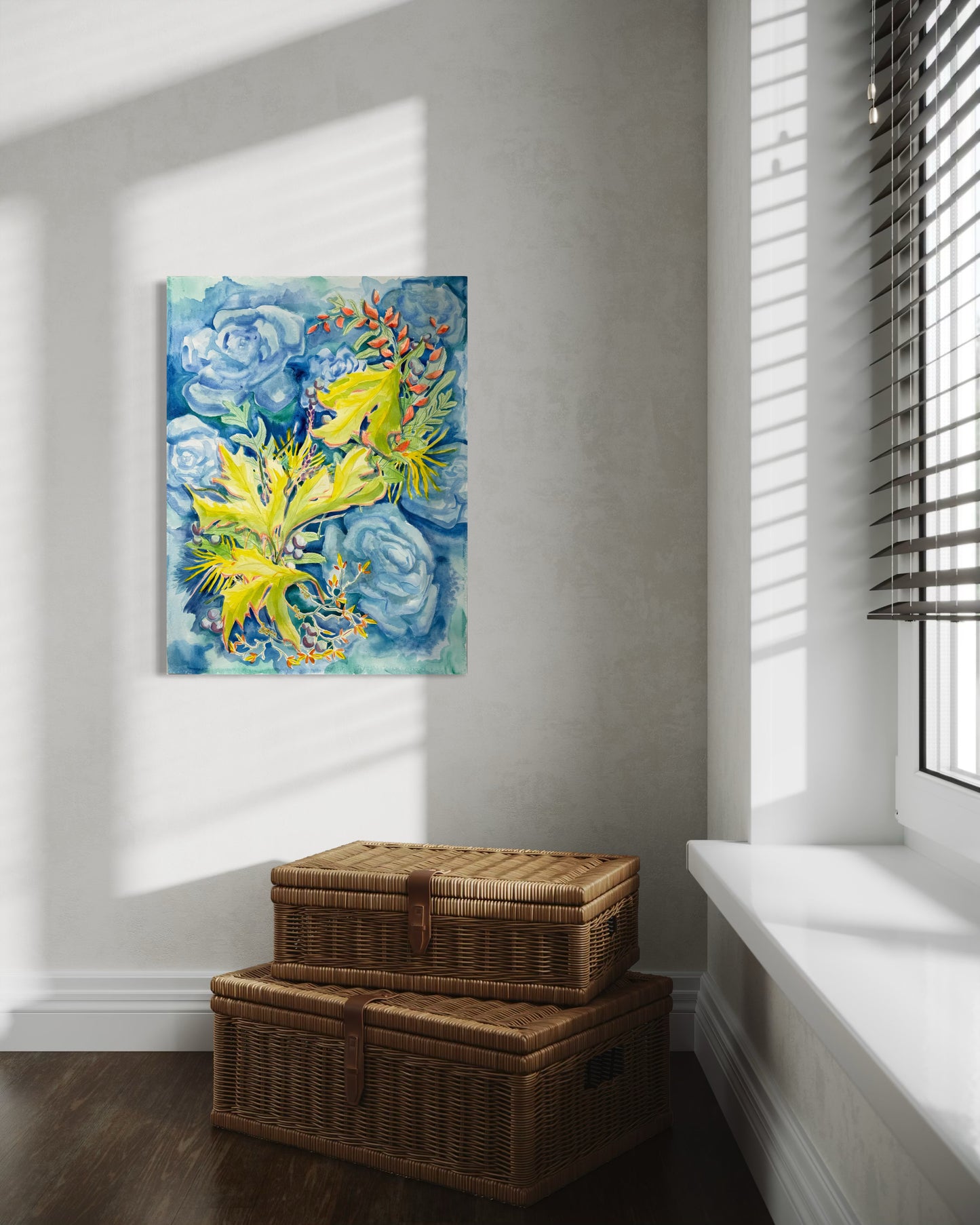 Yellow Leaves with Blue Roses