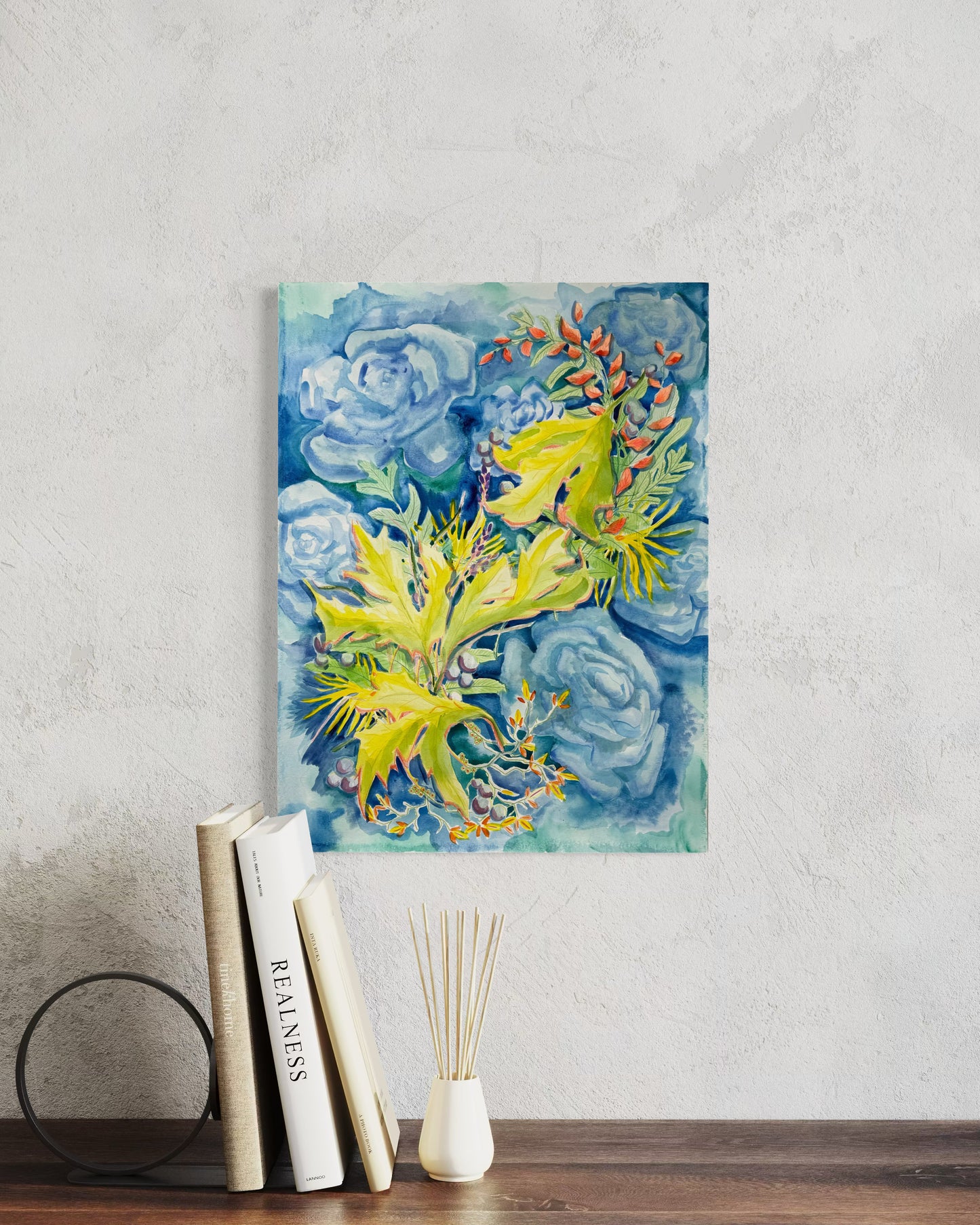 Yellow Leaves with Blue Roses