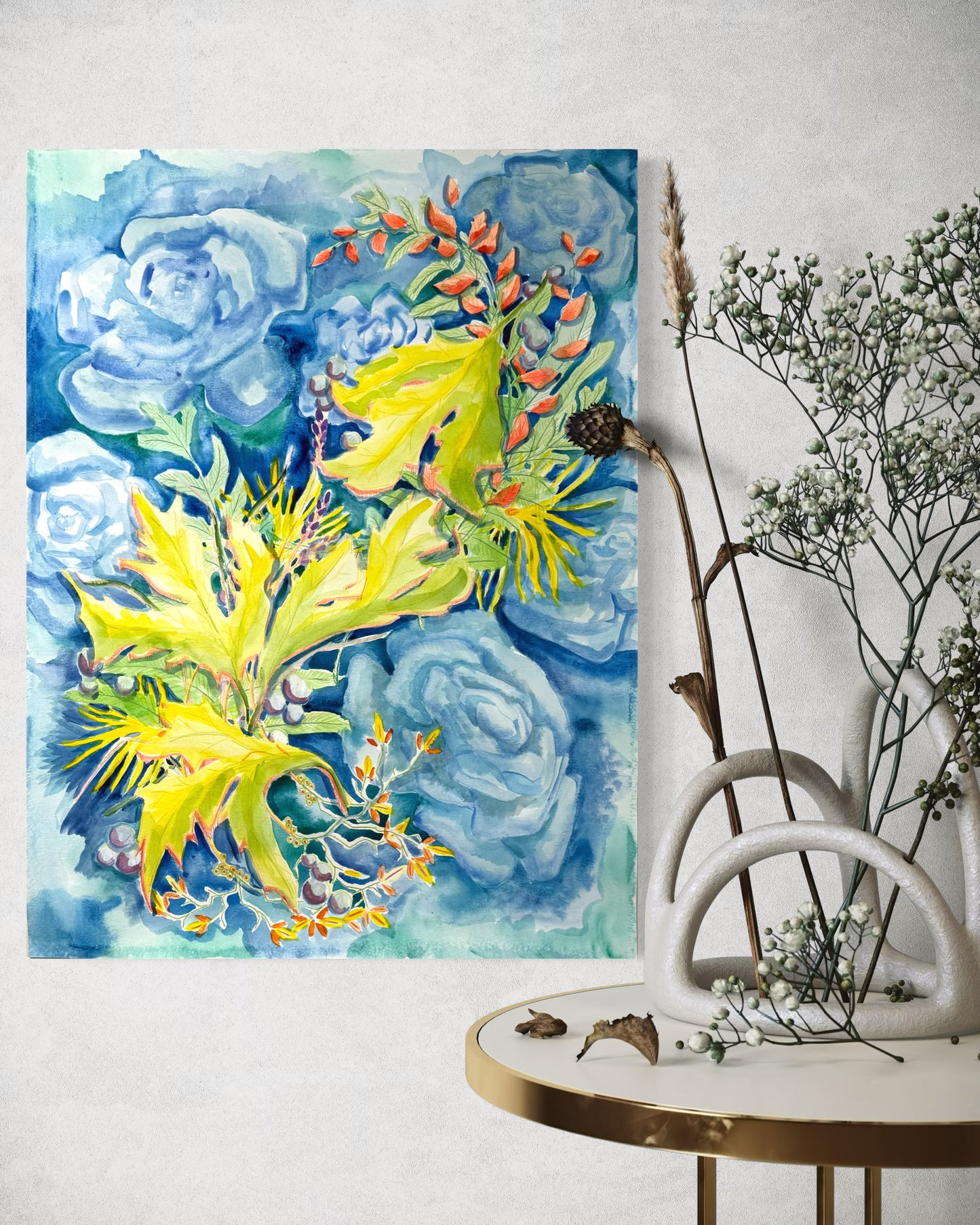 Yellow Leaves with Blue Roses