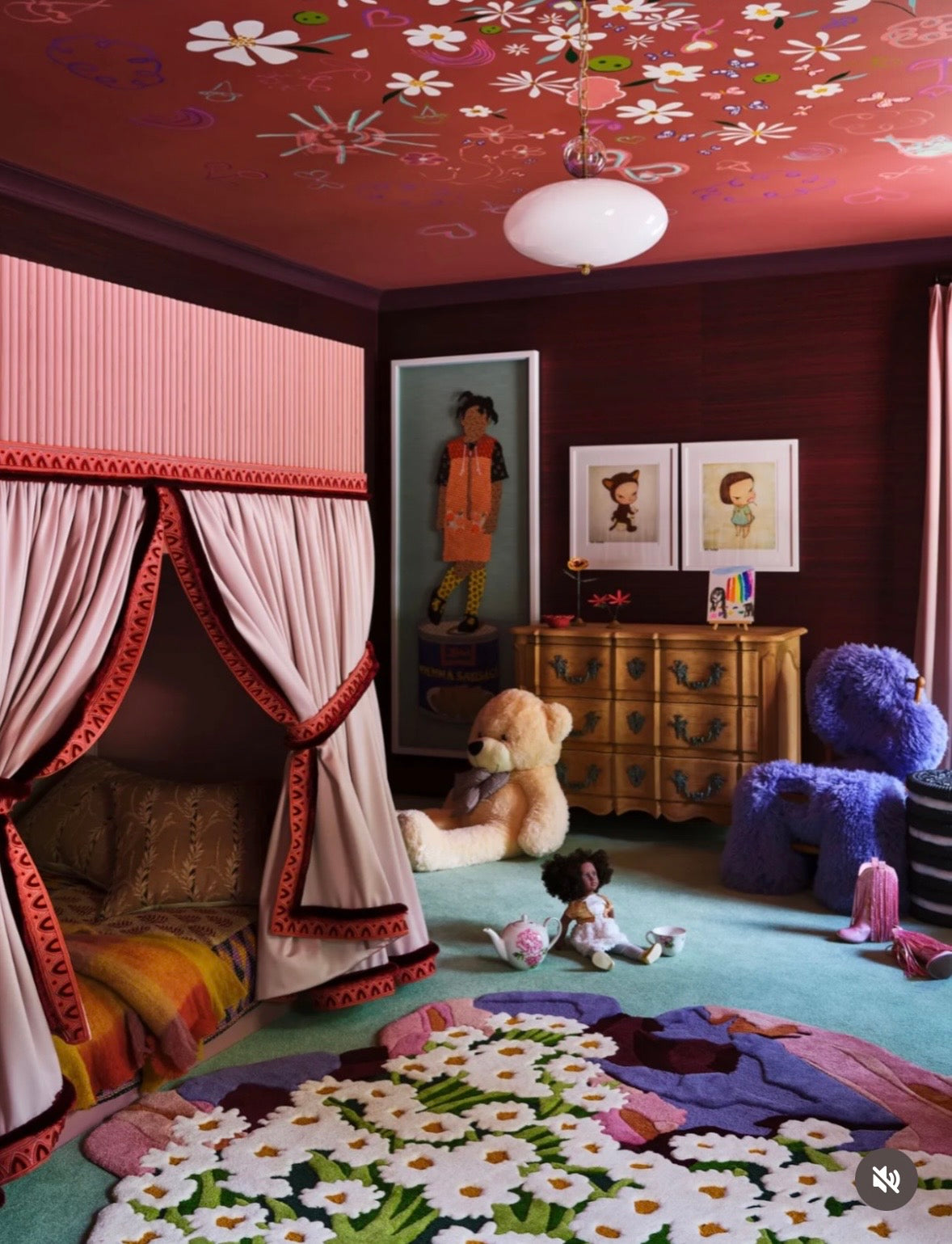 Ceiling mural by Morgan Boszilkov, Interior Design by Nicole Fuller for Usher, This is his daughter's bedroom and includes a ceiling mural inspired by Sovereign's artwork
